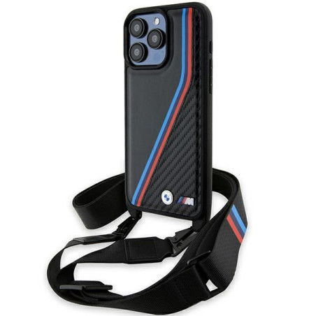 BMW pouzdro M Edition Carbon Tricolor Lines & Strap pro iPhone 15 Pro – černé