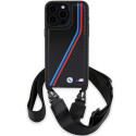 BMW pouzdro M Edition Carbon Tricolor Lines & Strap pro iPhone 15 Pro – černé