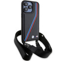 BMW pouzdro M Edition Carbon Tricolor Lines & Strap pro iPhone 15 Pro – černé