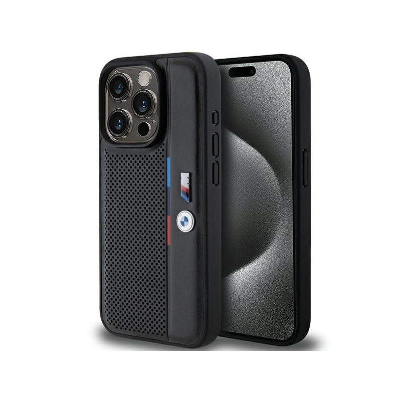 BMW pouzdro Perforated Tricolor Line pro iPhone 15 Pro – černé