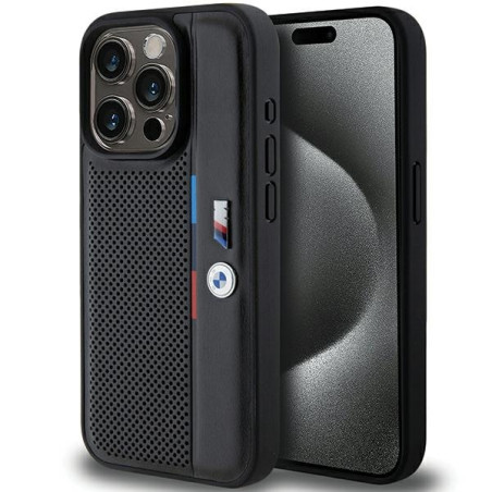 BMW pouzdro Perforated Tricolor Line pro iPhone 15 Pro – černé