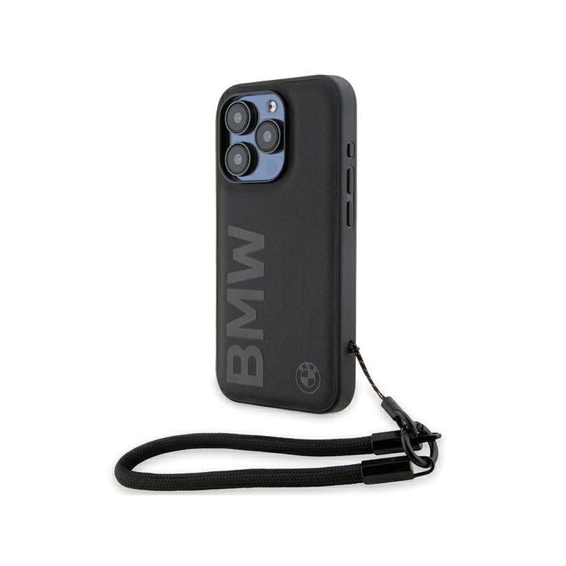 BMW kožené pouzdro Signature Leather Wordmark Cord pro iPhone 15 Pro – černé