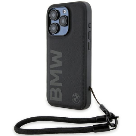 BMW kožené pouzdro Signature Leather Wordmark Cord pro iPhone 15 Pro – černé