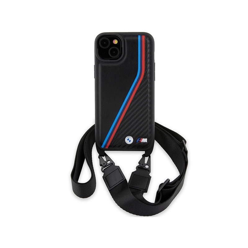 BMW pouzdro M Edition Carbon Tricolor Lines & Strap pro iPhone 15 Plus / 14 Plus – černé