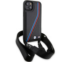 BMW pouzdro M Edition Carbon Tricolor Lines & Strap pro iPhone 15 Plus / 14 Plus – černé