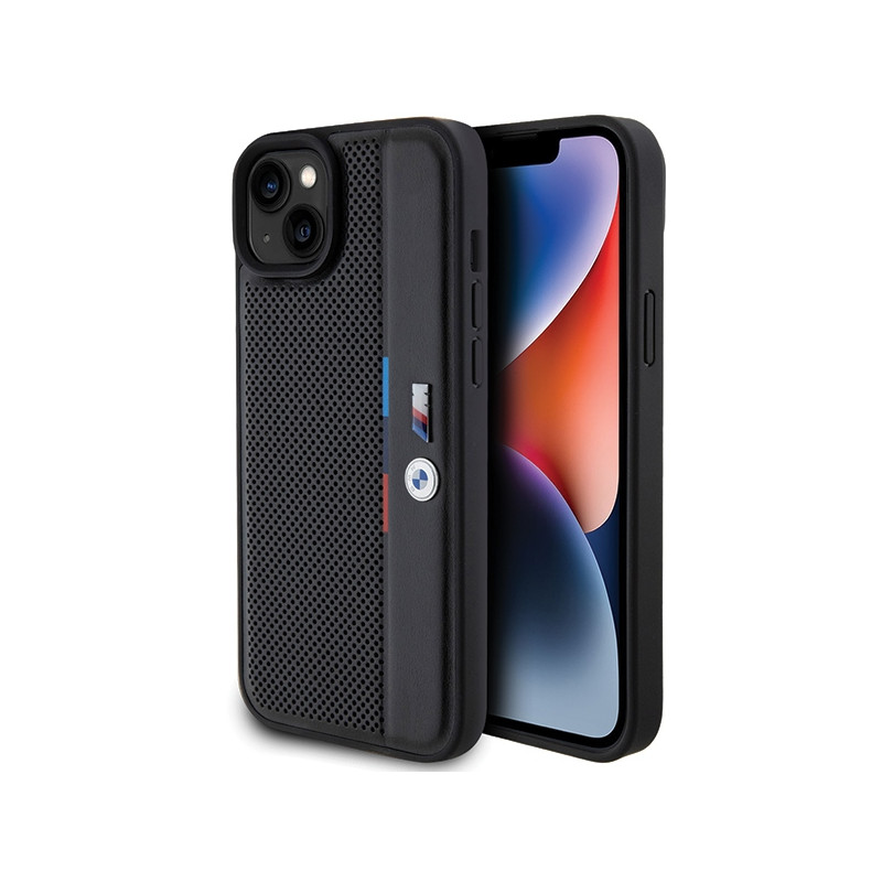 BMW Perforated Tricolor Line kryt pro iPhone 15 Plus / 14 Plus – černý
