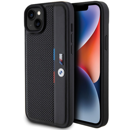 BMW Perforated Tricolor Line kryt pro iPhone 15 Plus / 14 Plus – černý