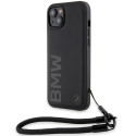 BMW kožené pouzdro Signature Leather Wordmark Cord pro iPhone 15 Plus / 14 Plus – černé