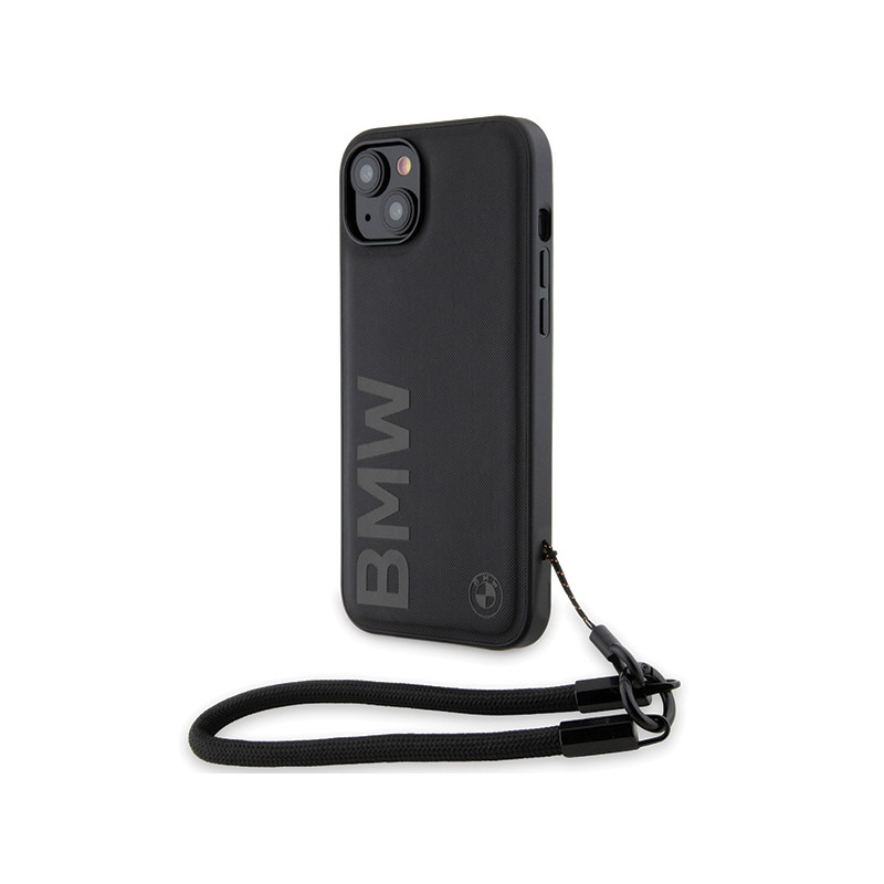 BMW kožené pouzdro Signature Leather Wordmark Cord pro iPhone 15 Plus / 14 Plus – černé