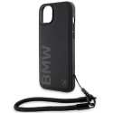 BMW kožené pouzdro Signature Leather Wordmark Cord pro iPhone 15 Plus / 14 Plus – černé