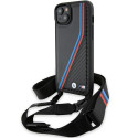 BMW pouzdro M Edition Carbon Tricolor Lines & Strap pro iPhone 15 / 14 / 13 – černé