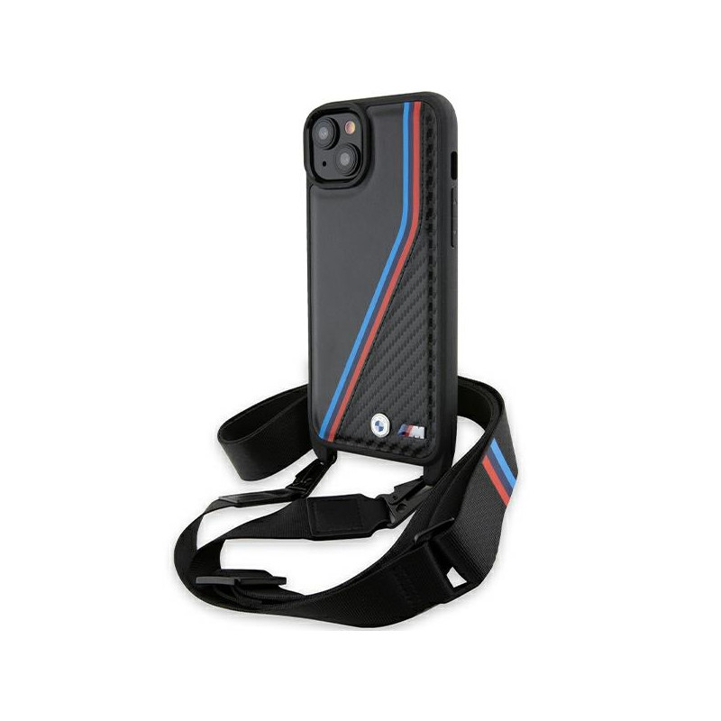 BMW pouzdro M Edition Carbon Tricolor Lines & Strap pro iPhone 15 / 14 / 13 – černé