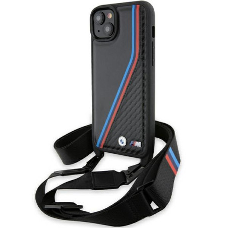 BMW pouzdro M Edition Carbon Tricolor Lines & Strap pro iPhone 15 / 14 / 13 – černé