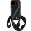 BMW pouzdro M Edition Carbon Tricolor Lines & Strap pro iPhone 15 / 14 / 13 – černé
