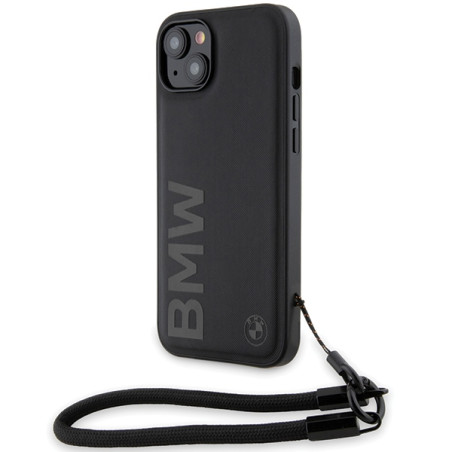 BMW kožené pouzdro Signature Leather Wordmark Cord pro iPhone 15/14/13 – černé