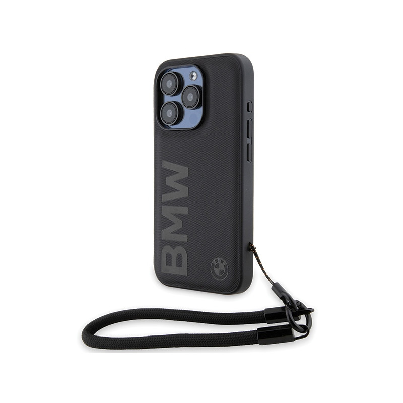 BMW kožené pouzdro Signature Leather Wordmark Cord pro iPhone 15 Pro Max – černé