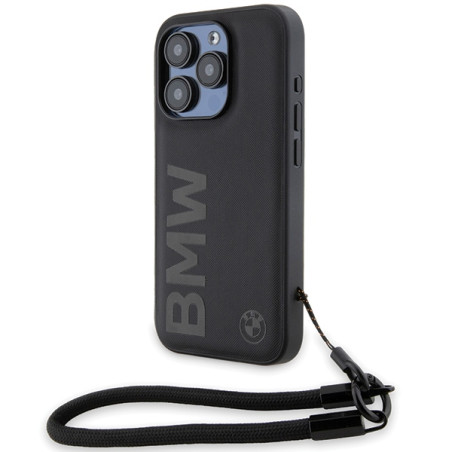 BMW kožené pouzdro Signature Leather Wordmark Cord pro iPhone 15 Pro Max – černé