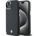 BMW kožené pouzdro Signature Wrapped Metal MagSafe pro iPhone 15 Plus / 14 Plus – černé