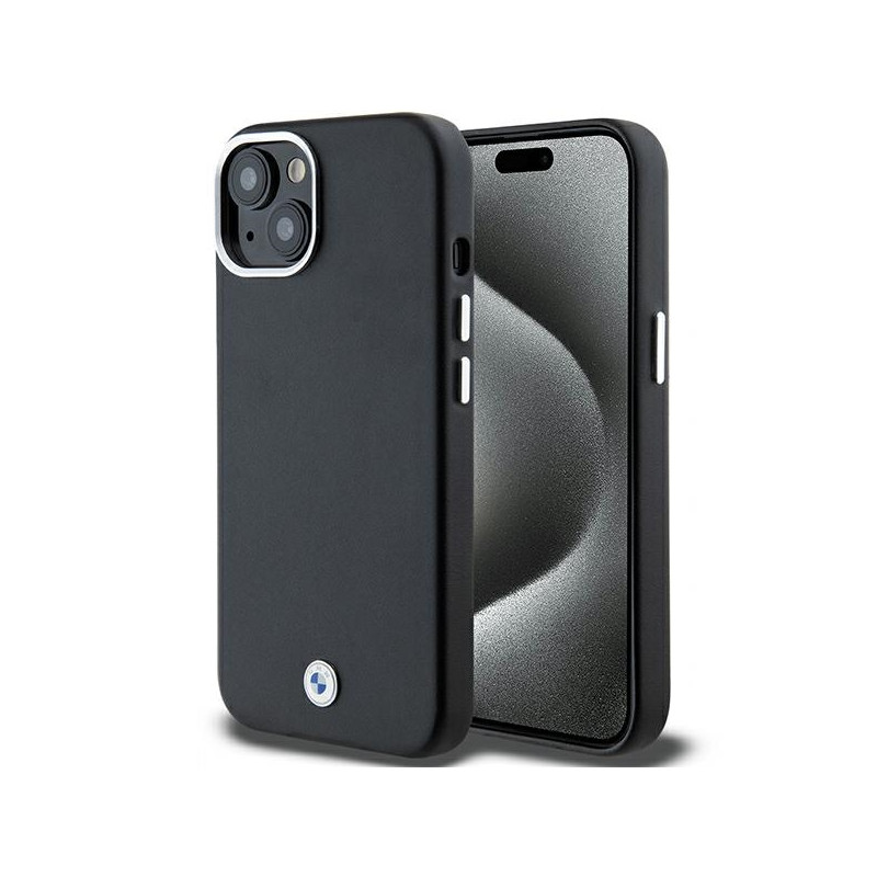 BMW kožené pouzdro Signature Wrapped Metal MagSafe pro iPhone 15 Plus / 14 Plus – černé