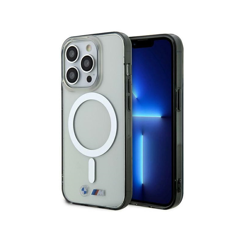 BMW pouzdro Silver Ring MagSafe pro iPhone 15 Pro – průhledné