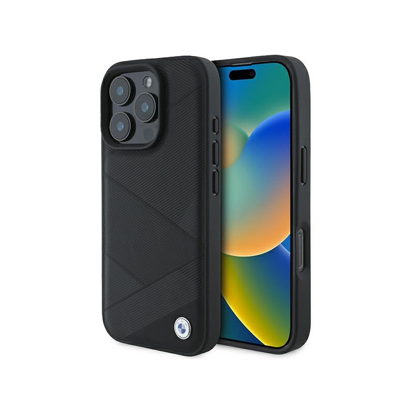 BMW Signature Leather Crossing Lines Pattern kryt pro iPhone 16 Pro – černý