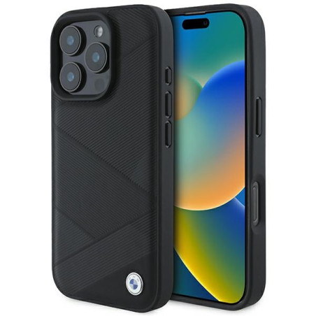 BMW Signature Leather Crossing Lines Pattern kryt pro iPhone 16 Pro – černý