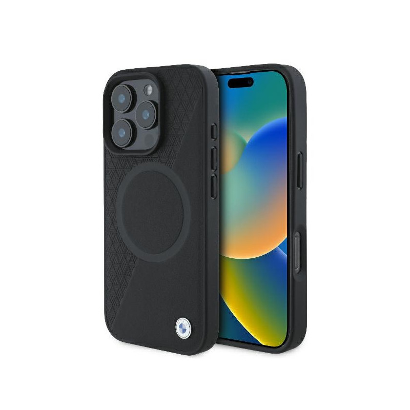 BMW pouzdro Signature Leather Half Textured & Circle MagSafe pro iPhone 16 Pro – černé