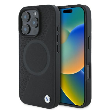 BMW pouzdro Signature Leather Half Textured & Circle MagSafe pro iPhone 16 Pro – černé