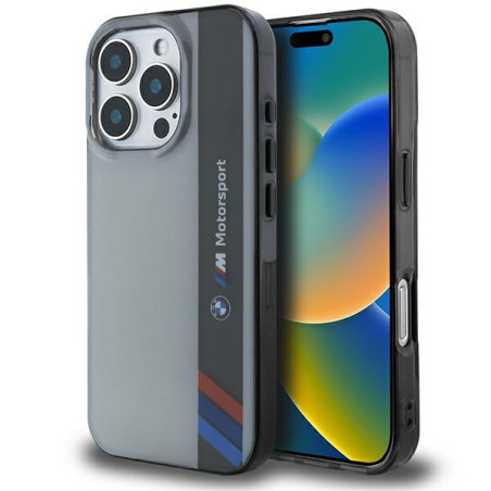 Pouzdro BMW Motosport IML Vertical Stripe pro iPhone 16 Pro - šedé
