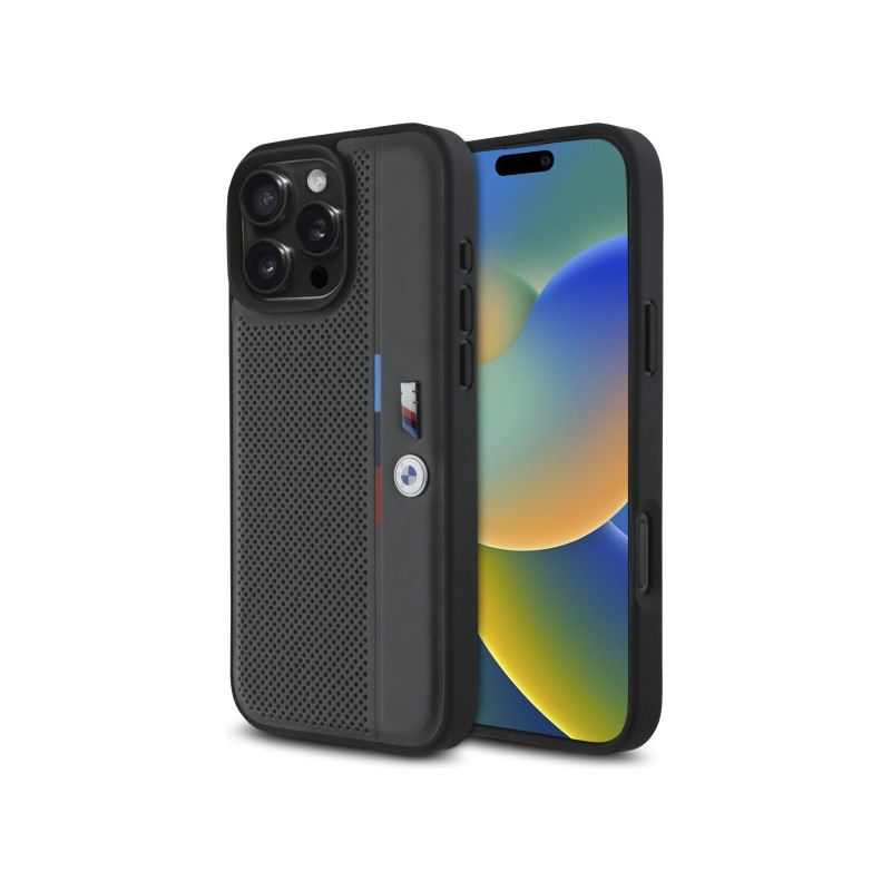 Pouzdro BMW M Perforated Tricolor Detail Line pro iPhone 16 Pro - tmavě šedé