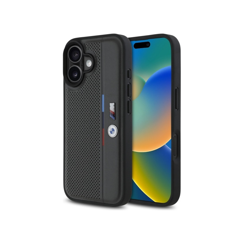 Pouzdro BMW M Perforated Tricolor Detail Line pro iPhone 16 - tmavě šedé