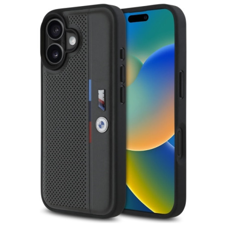Pouzdro BMW M Perforated Tricolor Detail Line pro iPhone 16 - tmavě šedé