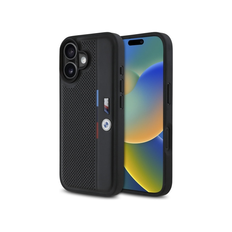 Pouzdro BMW M Perforated Tricolor Detail Line pro iPhone 16 - černé