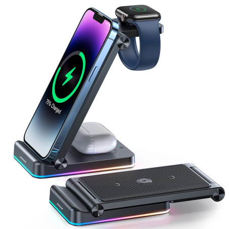 Indukční nabíječka Joyroom 3 v 1 pro zařízení značky Apple - iPhone, Apple Watch, Airpods (až 15 W) stojánek černá (JR-WQN01)