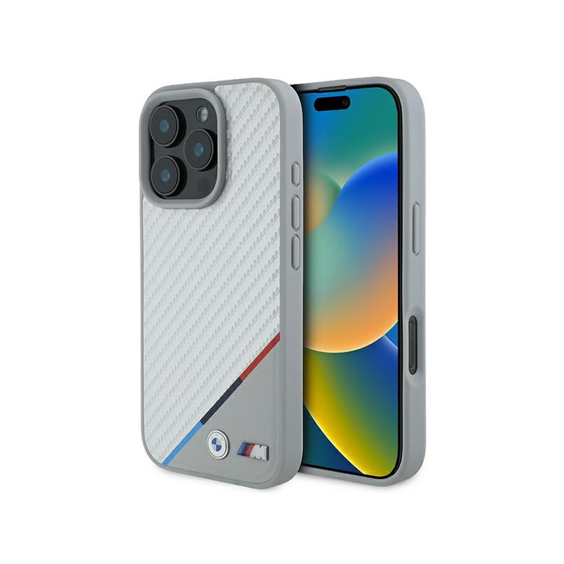 BMW M Carbon karbonové pouzdro s tříbarevnou linkou MagSafe na iPhone 16 Pro - šedé