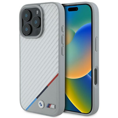 BMW M Carbon karbonové pouzdro s tříbarevnou linkou MagSafe na iPhone 16 Pro - šedé