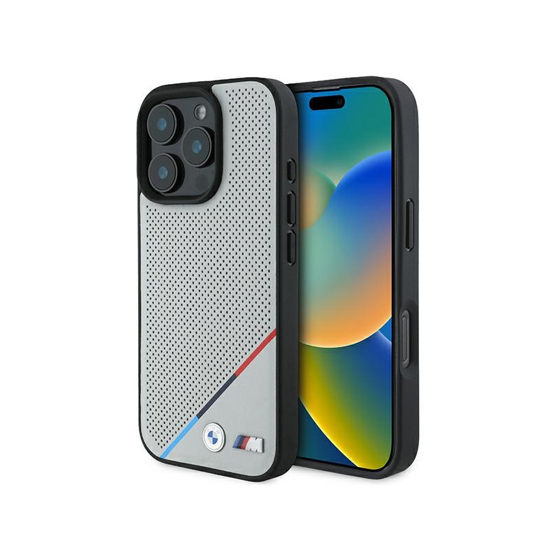 BMW M Perforované pouzdro s tříbarevnou linkou MagSafe na iPhone 16 Pro - šedé