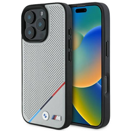 BMW M Perforované pouzdro s tříbarevnou linkou MagSafe na iPhone 16 Pro - šedé