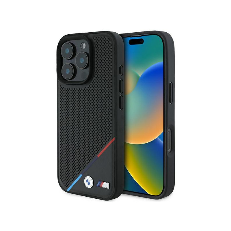 BMW M Perforované pouzdro s tříbarevnou linkou MagSafe na iPhone 16 Pro - černé
