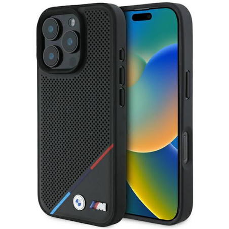 BMW M Perforované pouzdro s tříbarevnou linkou MagSafe na iPhone 16 Pro - černé