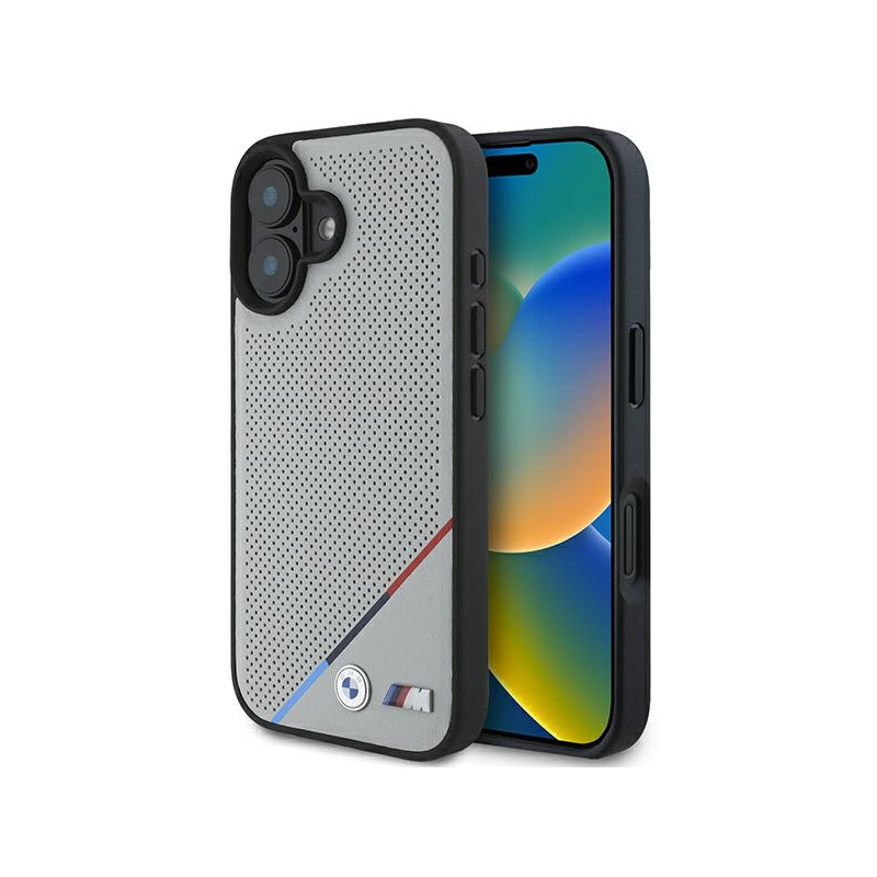 BMW M Perforované pouzdro s tříbarevnou linkou MagSafe na iPhone 16 - šedé