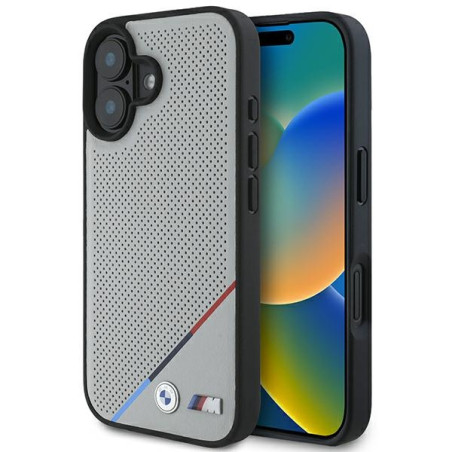 BMW M Perforované pouzdro s tříbarevnou linkou MagSafe na iPhone 16 - šedé