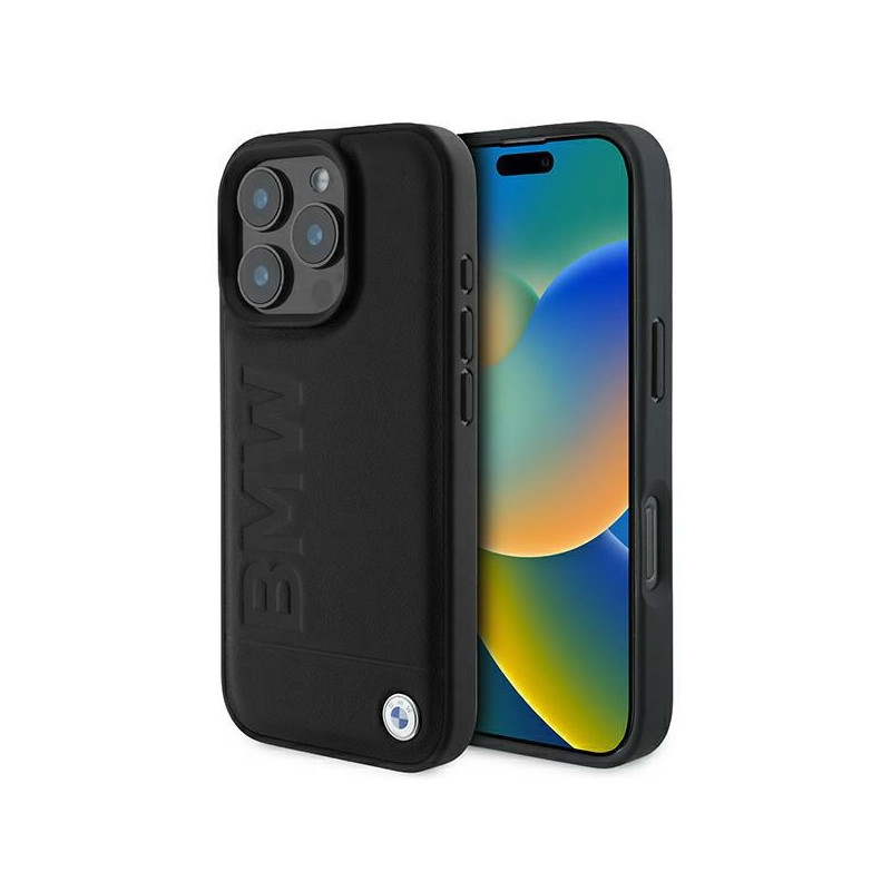 BMW kožené pouzdro Leather Hot Stamp pro iPhone 16 Pro – černé