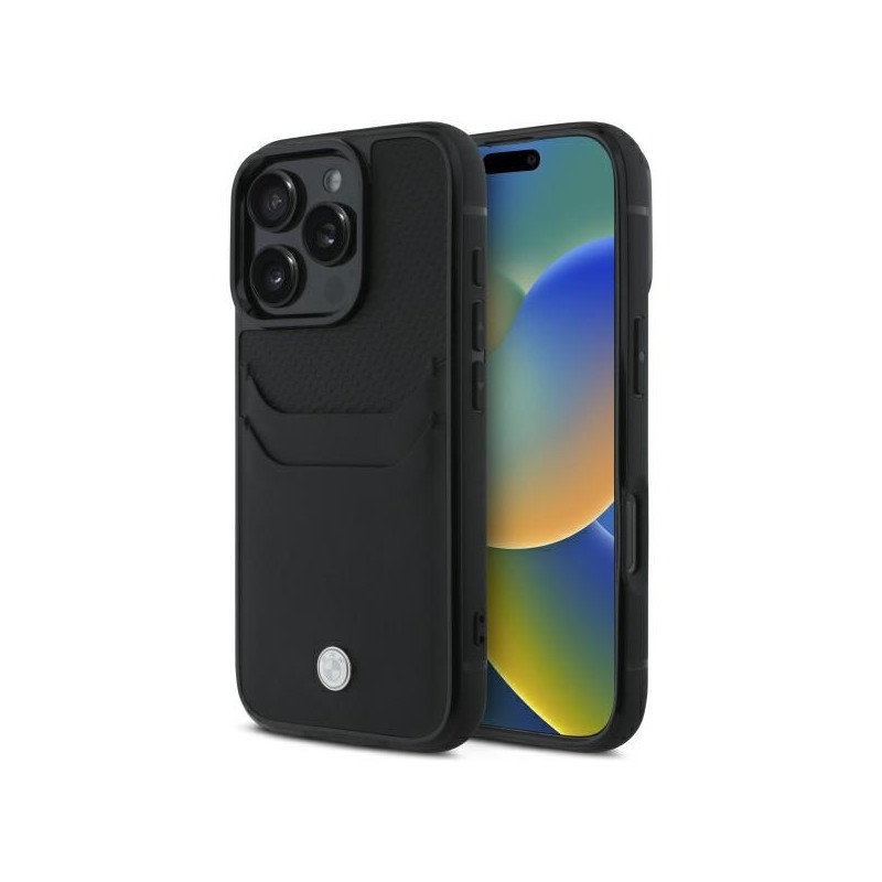 BMW Sign kožené pouzdro s kapsou na kartu na iPhone 16 Pro Max - černé