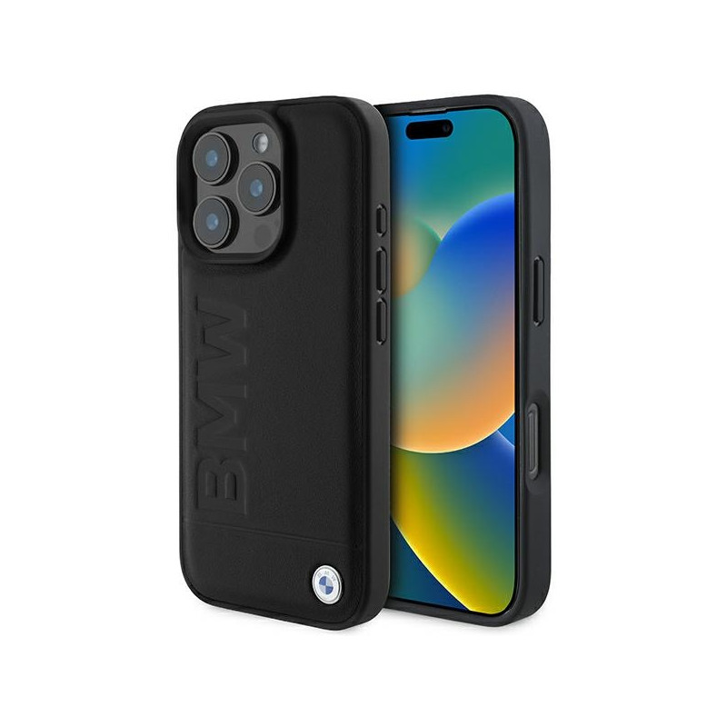 BMW kožené pouzdro Hot Stamp na iPhone 16 Pro Max - černé