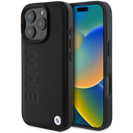 BMW kožené pouzdro Hot Stamp na iPhone 16 Pro Max - černé