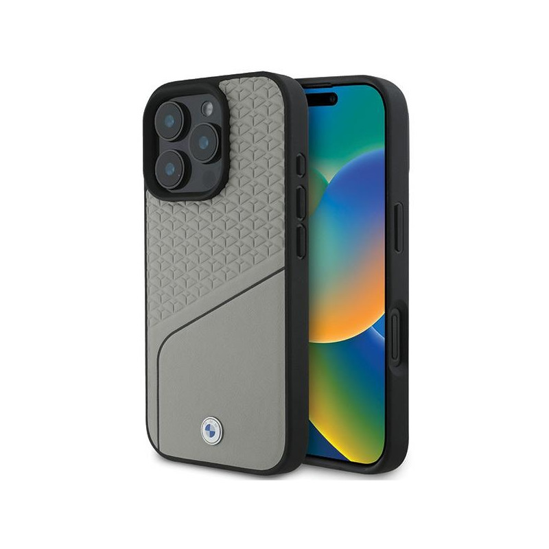 BMW Sign kožené strukturované pouzdro s linkou MagSafe na iPhone 16 Pro - šedé