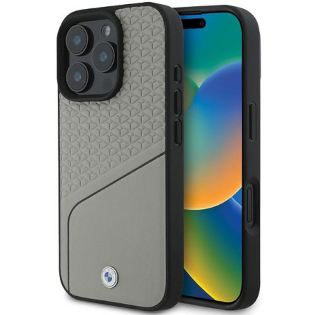 BMW Sign kožené strukturované pouzdro s linkou MagSafe na iPhone 16 Pro - šedé