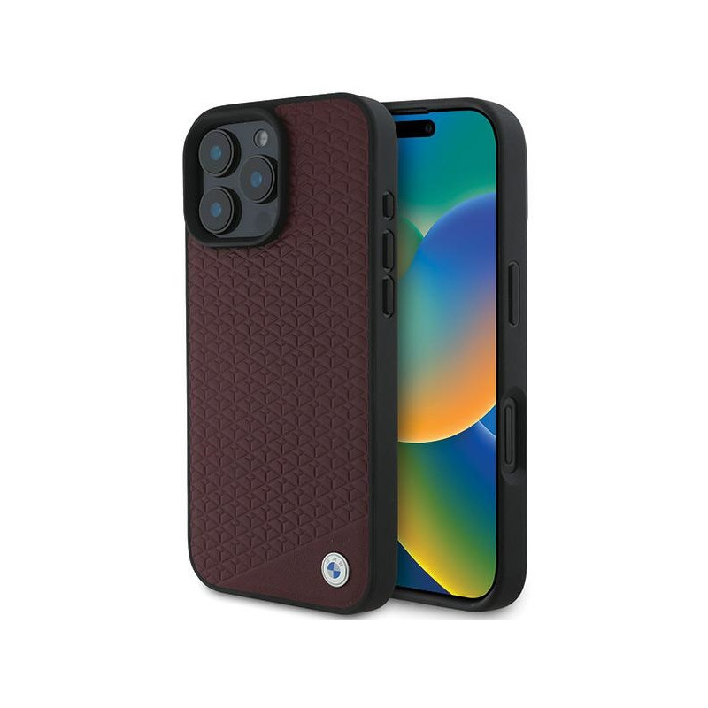 BMW Sign kožené pouzdro s kovovým logem Diamond MagSafe na iPhone 16 Pro Max - červené