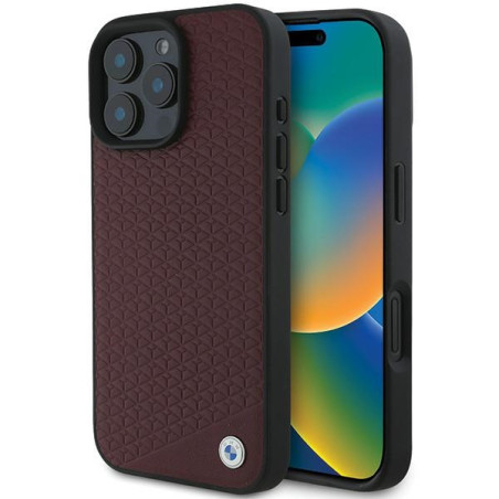 BMW Sign kožené pouzdro s kovovým logem Diamond MagSafe na iPhone 16 Pro Max - červené